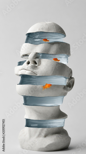 Abstract human face sculpture with transparent water layers and goldfish isolated on grey background. Conceptual portrait with memory and subconsciousness concept for design, poster, banner