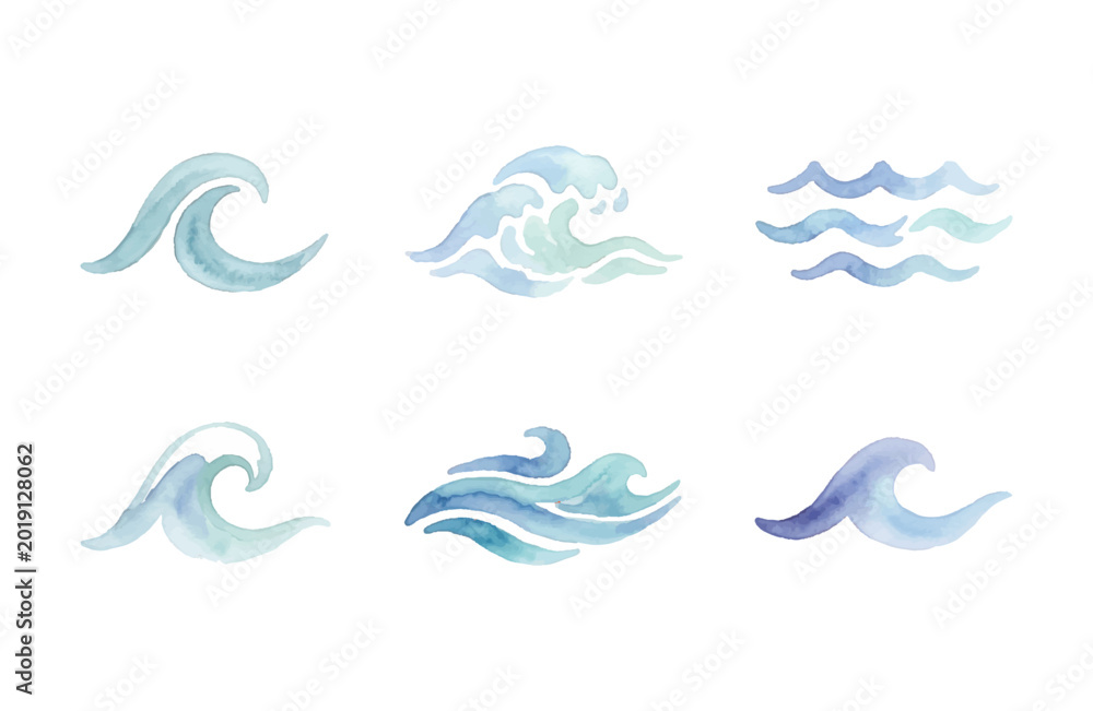 Naklejka premium Watercolor Wave Icons Set in Minimalist Style on White Background