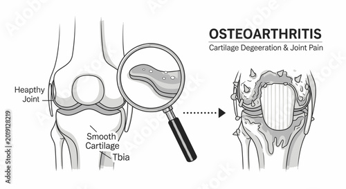 Photos Osteoarthritis medical diagram comparing healthy knee joint with cartilage degeneration and joint pain
