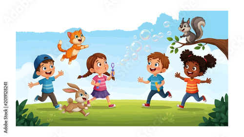 Tableau sur toile Whimsical Childhood: A group of children frolic in a playful outdoor scene with friendly animal companions, the air filled with bubbles, celebrating pure joy and innocent fun