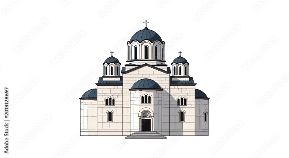 Obraz premium Majestic White Stone Church with Multiple Domes and Crosses