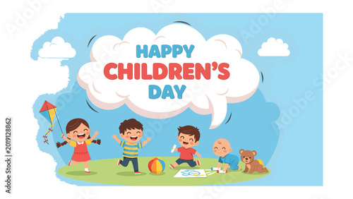 Εκτύπωση καμβά Children's Day: Cheerful depiction of happy children reveling in playful activities and embracing a joyful occasion, celebrating the spirit of childhood