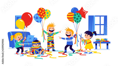 Schilderij op canvas Playful Celebration: Delightful children embrace a burst of joy, surrounded by vibrant balloons and streamers, capturing the essence of a lively, spirited festivity