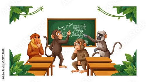 Photography Classroom Monkeys Studying: A group of curious monkeys gather in a classroom setting, attentively studying and engaging with the concepts on a chalkboard, evoking a sense of learning and curiosity
