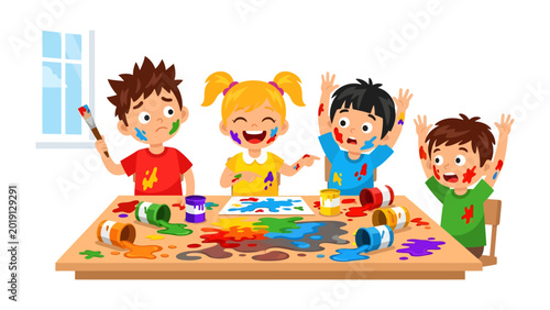 Slika na platnu Joyful Colors: A tableau of children engrossed in a vibrant painting session, with bursts of color on canvas, clothes, and faces, igniting a whirlwind of creativity