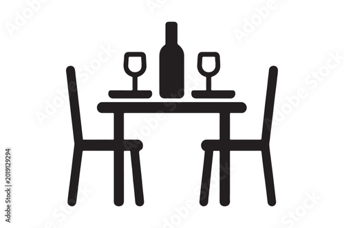 Dinner table setting icon with bottle and glasses black silhouette