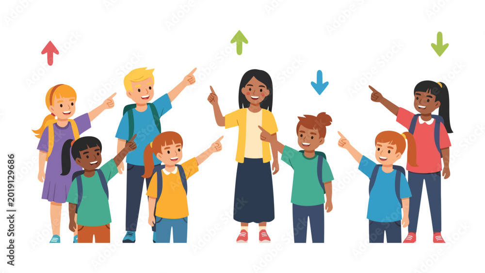 Obraz premium Empowering Youthful Direction: A diverse group of children and a teacher confidently point upwards and downwards, symbolizing guidance, learning, and making choices. 