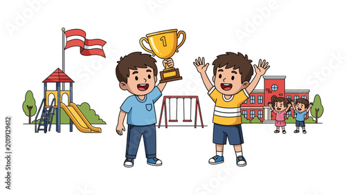 Valokuva Triumphant Victory: Capturing the elation and reward of two children who have achieved success, as they triumphantly raise a golden trophy against the backdrop of a vibrant schoolyard