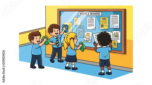 Принти на полотні School Cleaning Crew: A group of enthusiastic students diligently cleans a notice board, showcasing their teamwork and commitment to maintaining a tidy school environment