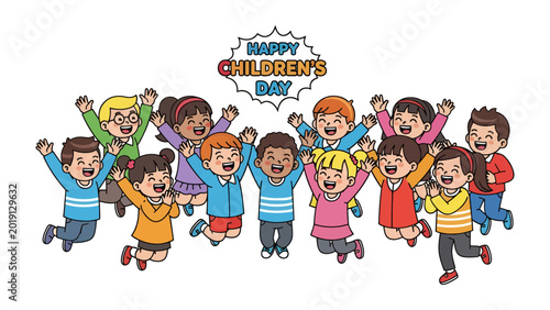Fotografía Happy Children's Day: A vibrant illustration captures the essence of childhood joy, featuring a diverse group of children leaping with glee, celebrating a day filled with laughter and happiness
