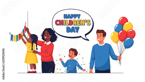 Tablou pe pânză Celebration of Childhood: A vibrant illustration depicts a joyful family celebrating Children's Day, emphasizing love, happiness, and the preciousness of youth