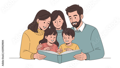 Family Reading Together: Capturing the heartwarming moment of a family sharing a book together, showcasing a bond of love, knowledge and togetherness.