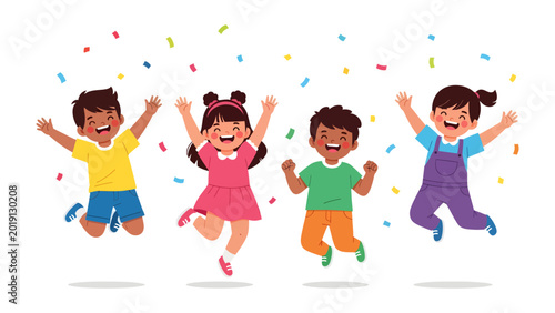фотографія Joyful Leap: A group of children celebrate with gleeful jumps, amidst a shower of confetti, showcasing pure happiness and innocence