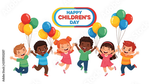 Canvas-taulu Joyful Children's Day: A vibrant illustration depicts a group of smiling children, each clutching colorful balloons, jumping with pure elation under a cheerful Happy Children's Day banner