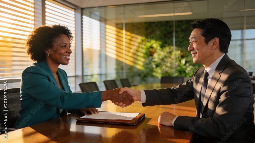 Fototapeta premium Confident Black Female CSO and Japanese Male CEO Shaking Hands Across Walnut Conference Table in Golden-Lit Boardroom