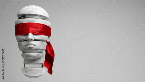 Abstract marble human face sculpture with red blindfold and transparent layers isolated on grey background. Conceptual blindness and perception composition for design, poster, banner and wallpaper. 