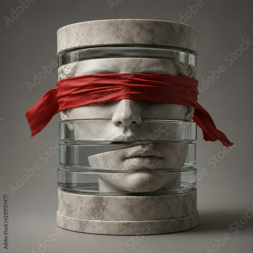 Abstract marble human face sculpture with red blindfold and transparent glass layers isolated on grey background. Conceptual blindness and perception composition for design