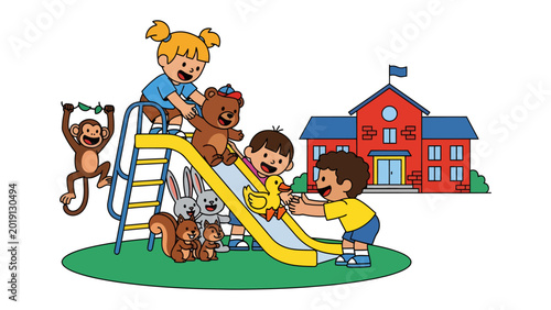 Fotografía Playground Paradise: A vibrant illustration capturing children's glee as they play on a slide, surrounded by a whimsical array of animal companions