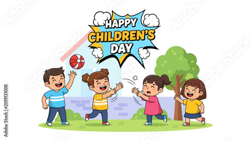 Slika na platnu Children's Day Joyful Scene: A vibrant illustration captures the essence of Children's Day, showcasing children engrossed in play and exuberance in a cheerful outdoor setting
