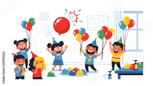 Tableau sur toile Festive Fun: A lively scene unfolds as children frolic in a room, celebrating with a vibrant array of balloons and party hats, embodying the joy of childhood and the spirit of a festive occasion