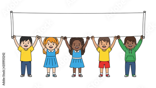 Billede på lærred Unified Vision: A vibrant group of young individuals, diverse in their backgrounds, collectively raise a blank banner high, symbolizing unity and shared purpose
