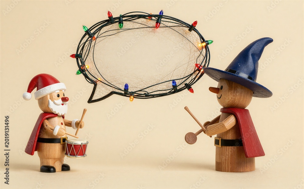 Obraz premium Santa and wizard play drums festive lights glow around them.