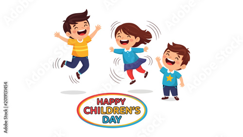 Foto Joyful Children's Day: Cheerful youngsters jump for joy in a vibrant celebration of childhood, embodying the spirit of playfulness, laughter, and the simple pleasures of being young