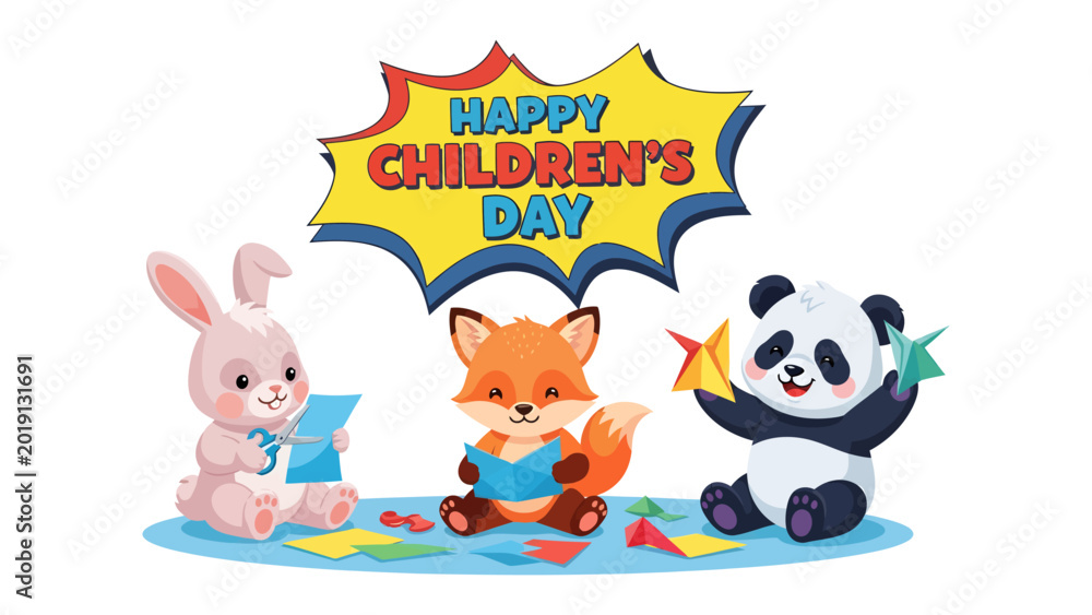 Fototapeta premium Celebratory Children's Day: Adorable animated rabbit, fox, and panda engage in heartwarming activities against a vibrant backdrop, celebrating the joyous occasion.