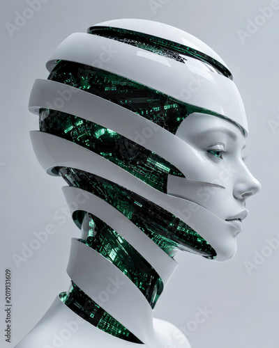 Abstract female cyborg face with segmented white shell and glowing electronic structure isolated on grey background. Artificial intelligence and futuristic technology concept for design