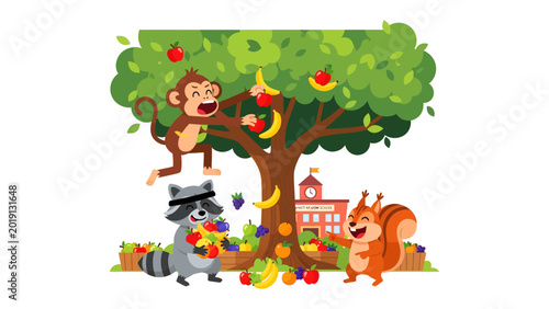 Canvas Print Fruitful Friends' Feast: A lively illustration of a monkey, raccoon and a squirrel sharing a variety of fruits under a flourishing tree, surrounded by baskets of bounty, and a backdrop of a building