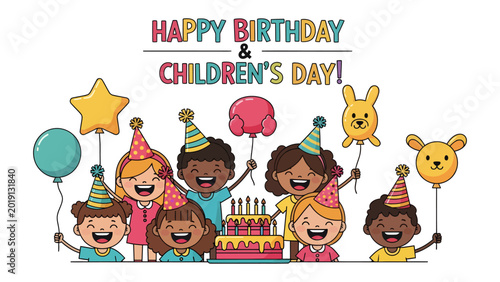 Slika na platnu Joyful Gathering: A festive group of children joyfully celebrate a birthday and Children's Day with cheerful balloons, party hats, and a delightful cake