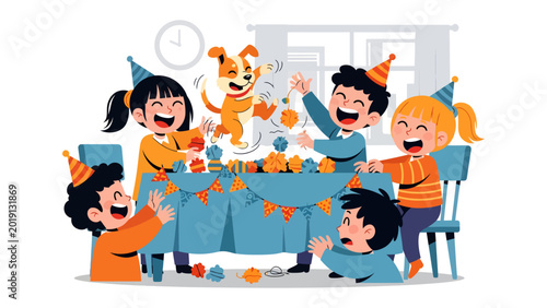 Photos Celebratory Gathering of Children: A scene of children laughing together and engaging in a birthday celebration, filled with joy, merriment, and youthful exuberance