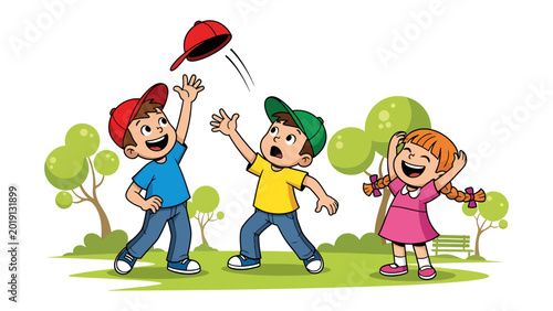 Tableau sur toile Playful Throw: Capturing the carefree joy of childhood, a group of kids engage in a spirited game of throwing a cap high into the sky