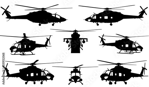 Obraz na plátně Black helicopter silhouette collection military rescue and transport aircraft ve