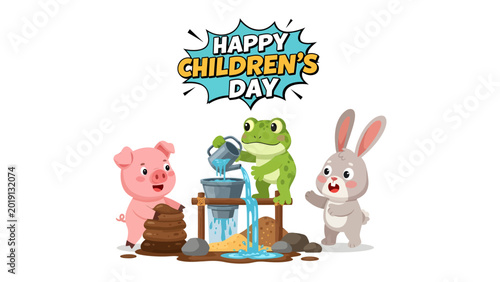 Slika na platnu Children's Day: A vibrant illustration celebrates childhood with a pig, frog, and rabbit engaging in playful activities, filled with innocence and wonder