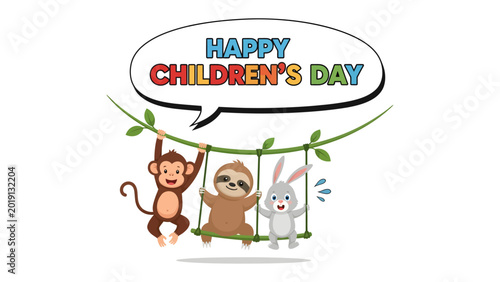 Photography Children's Day Joy: Adorable cartoon animals swing playfully, celebrating Children's Day with a joyful message of happiness and fun