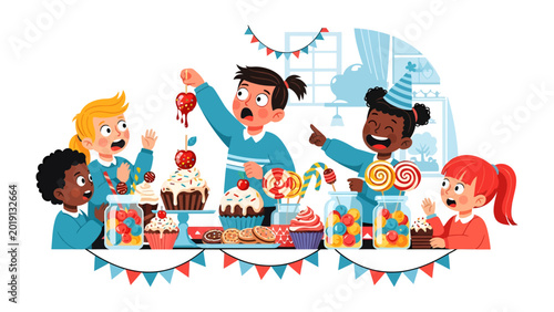Fotografía Joyful Gathering: A vibrant scene captures the delight of children around a table brimming with sweet treats