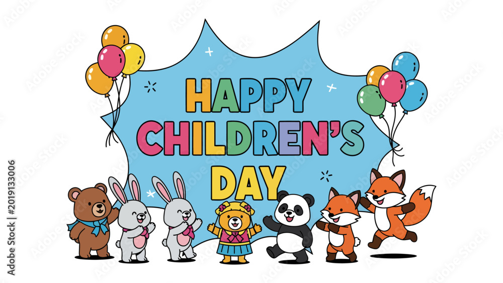 Fototapeta premium Happy Children's Day: A vibrant illustration celebrates childhood with a joyful display of cartoon animals, balloons, and playful design, perfect for spreading cheer.