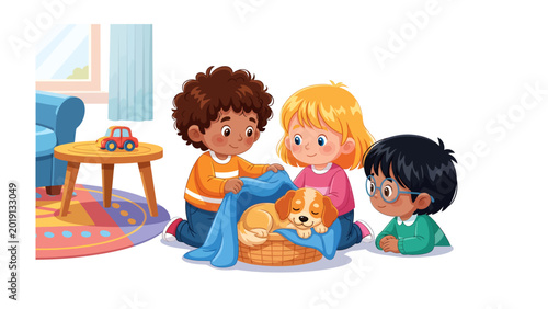 Foto A Pup's Naptime: A heartwarming illustration showcases a cozy scene where three young children tenderly care for a sleeping puppy