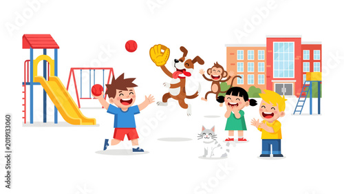 Schilderij op canvas Joyful Playground Frolic: Children and friendly animals revel in a sunny playground, filled with laughter, play, and vibrant colors