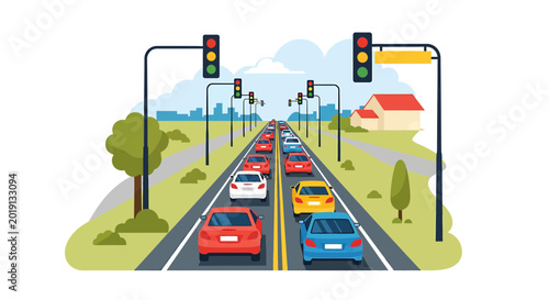 Busy urban road traffic with cars and stoplights in green landscape