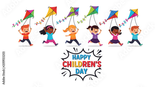 Bild auf Leinwand Flying High: Cheerful youngsters frolic, their vibrant kites dancing in the wind, a heartwarming depiction of Children's Day, filled with joy and excitement