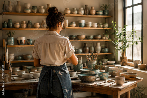Female potter working in ceramic workshop surrounded by handmade bowls, cups and pottery on wooden shelves near window. Artisan studio interior with natural light. Craftsmanship and small business con