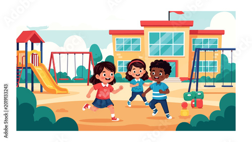 Tableau sur toile Children's Playful Daycare: A vibrant illustration captures the joy of childhood as children frolic and play in front of their school, showcasing a scene of happiness, friendship