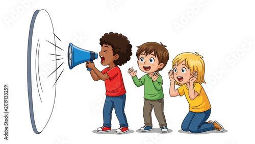 Fotografi Amplifying Voices: A vivid illustration depicts three children, one confidently using a megaphone to broadcast a message while the others react with curiosity and surprise