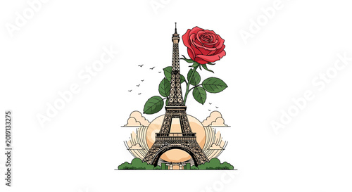 Eiffel Tower Landmark with Blooming Red Rose and Sunset Background