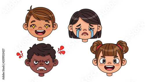 Tableau sur toile Emotional Spectrum: A collection of diverse children's faces, each conveying a unique emotion— joy, sadness, anger, and excitement