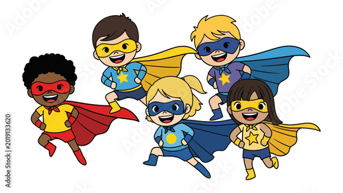 Super Kids Squad: A dynamic illustration features a vibrant assembly of young superheroes, each with a unique costume and boundless enthusiasm, ready to embark on exciting adventures. 