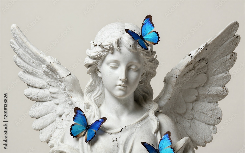 Fototapeta premium White angel statue with vibrant blue butterflies resting on its wings
