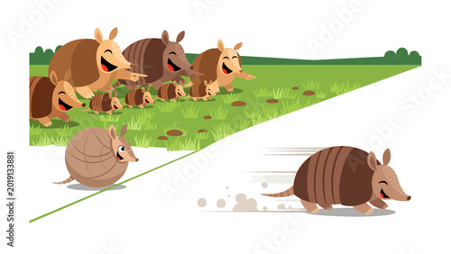 Photos Armadillo Fun and Frolic: A whimsical illustration depicts a playful scene of armadillos joyfully interacting in a grassy field, with one speeding off in a blur of movement